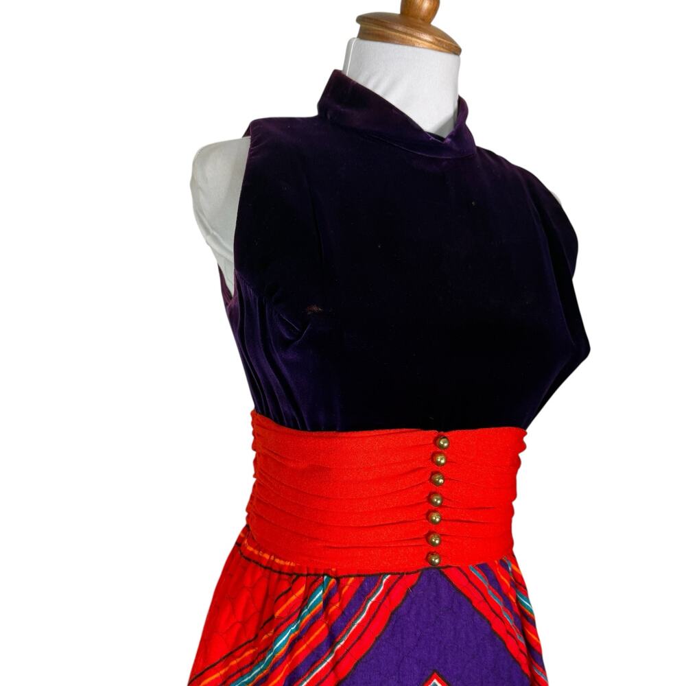 60s Velvet Bodice Quilted Skirt Maxi Dress Boho Paisley Vintage Gown
